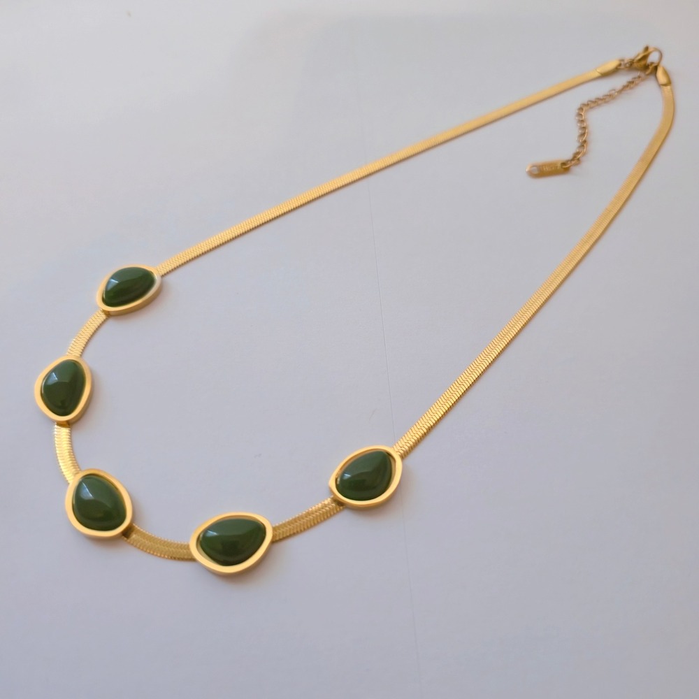 Gold Plated Stainless Steel Green Stone Herringbone Snake Chain Necklace 16-18in